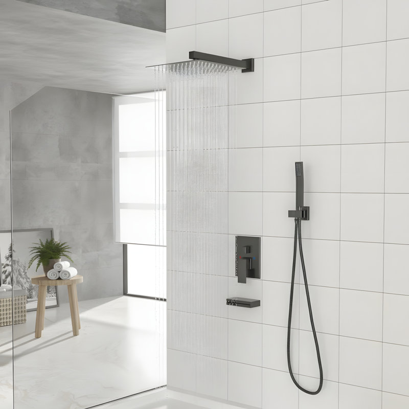 12 Inch Wall Mounted Square Shower System  with Waterfall Tub Spout and Hand Shower, Oil-Rubbed Bronze