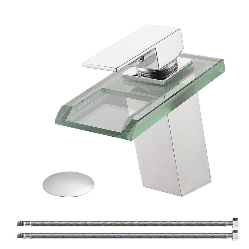 Waterfall Single Hole Single handle Glass Bathroom Faucet With Drain Assembly, Chrome