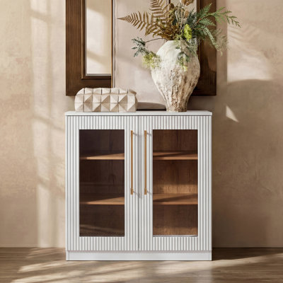 Alpena  31" Reeded Frame Modern Accent Cabinet with Glass Doors and  Brass Handles
