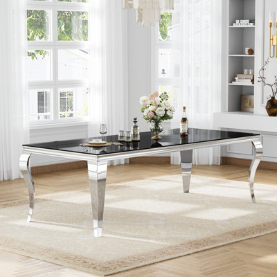 94" Oversized Black Glass Dining Table, Thick Rectangular Tempered Glass Top With Elegant Curved Polished Stainless Steel Legs