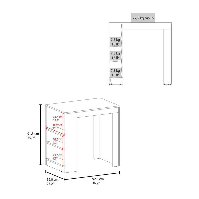 Îlot de cuisine Lacour, table de bar avec 3 tablettes latérales, chêne naturel, Naturel