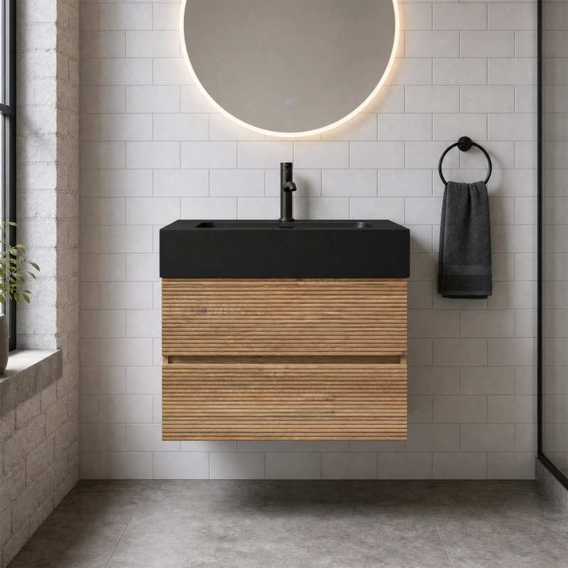 Meuble-lavabo mural 24 po, tiroirs noirs doux, lavabo à quartz en chêne, 2 tiroirs