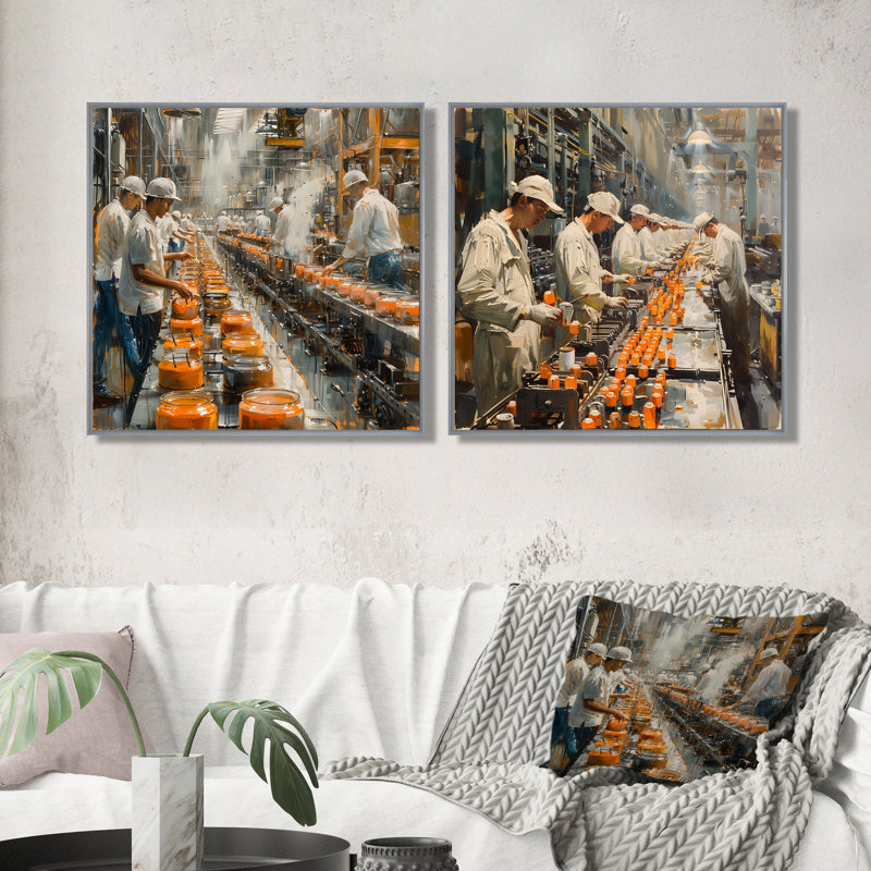 Orange blanc, ligne d'assemblage, usines, art mural I - usines, Argent argent, H 30 po x l 61 po