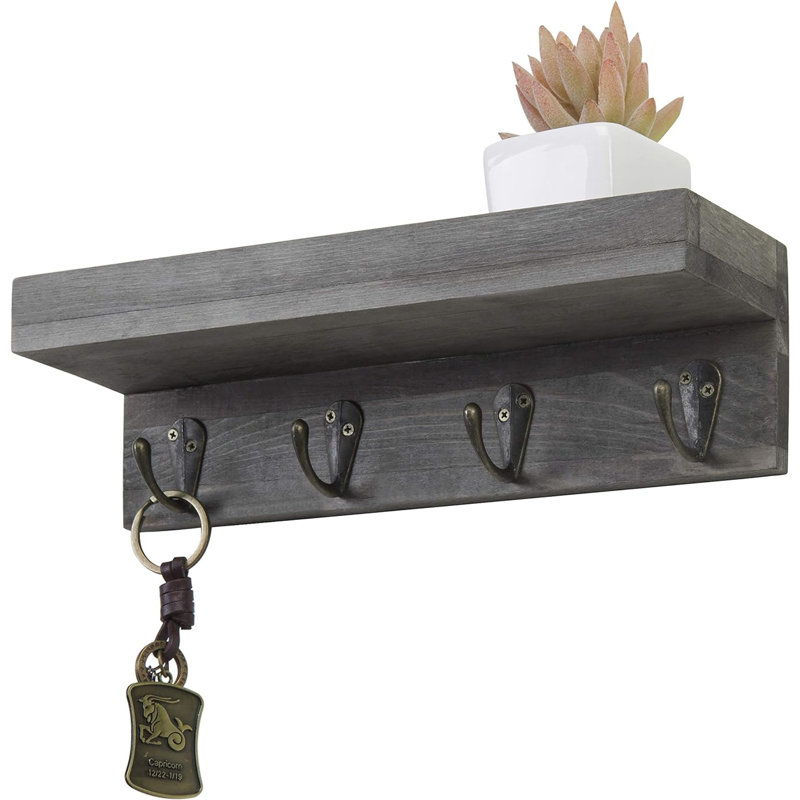 Solid Wood Wall Organizer with Key Hooks, Grey