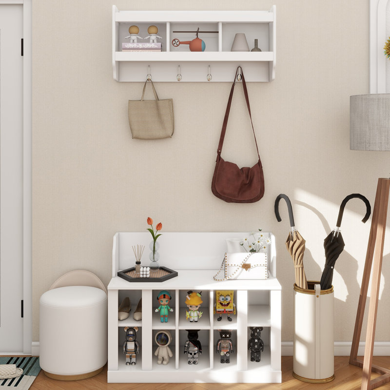 Banc de rangement pour chaussures avec tablettes et 4 crochets, portemanteau élégant avec portemanteau mural, rangement pour vestibule, vestibule, vestibule