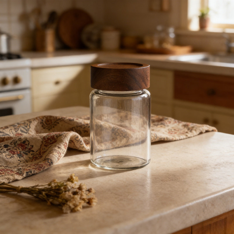 Pot de rangement en verre Pot de rangement en verre borosilicaté scellé résistant à la chaleur avec récipient à thé grain de café en érable