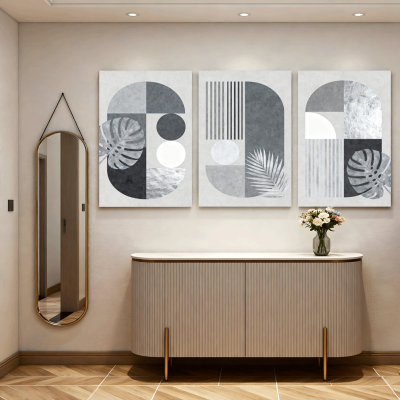 Abstrait géométrique et feuille de Monstera, impression sur toile, ensemble minimaliste moderne (ensemble de 3)