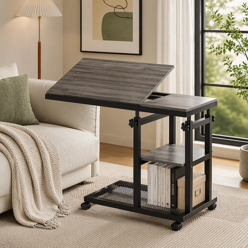 Table mobile en C avec plateau inclinable et hauteur réglable pour une utilisation flexible, Gris