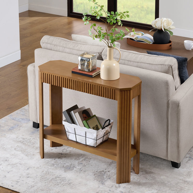 Fluted 36-Inch Solid Wood Console Table with Storage Shelf, Oak, Oak