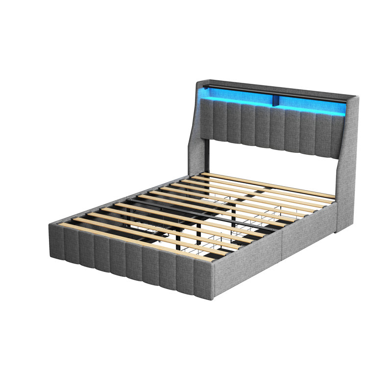 Bed Frame With LED, 4 Under-Bed Portable Storage Drawers, Wings Headboard Design, Light Gray, Queen
