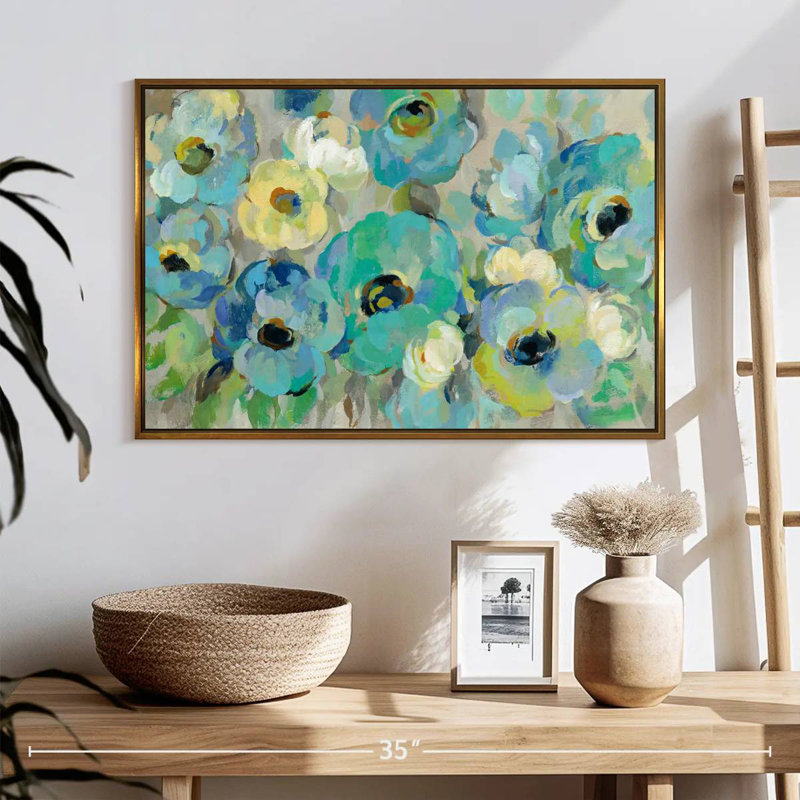 Fleurs bleu sarcelle fraîches I, Cadre flottant doré, 25 po x 17 po