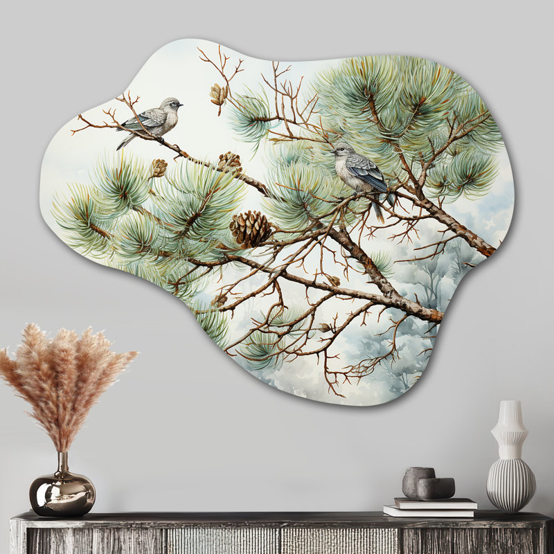 Bird On Pine Tree I - Pine Asymmetrical Metal Wall Art, Green Cloud Metal Art Print, 27" H x 35" W x 1" D