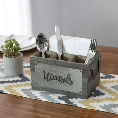 Wood and Metal Rectangle Flatware Caddy