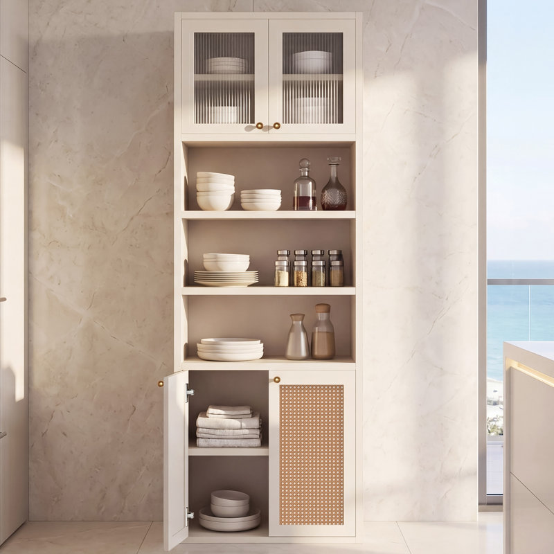 Grande armoire de rangement pour garde-manger, organisateur moderne très profond de 71 po avec tablette ouverte et rangement fermé, conception anti-basculement autoportante de 71 po