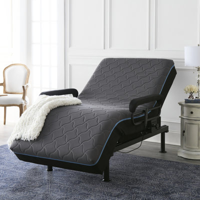 Lit sur pied ajustable avec housse relevable - matelas en mousse à mémoire de forme ferme de 6 po, aide, télécommande câblée, rails de garde rembourrés, support de 450 lb, housse à fermeture à glissière en métal bleu, télécommande pour la tête et les pieds,