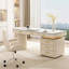Blanc + demi-cercle en pierre frittée blanc crème + bureau en bois manufacturé avec tiroirs-108647375