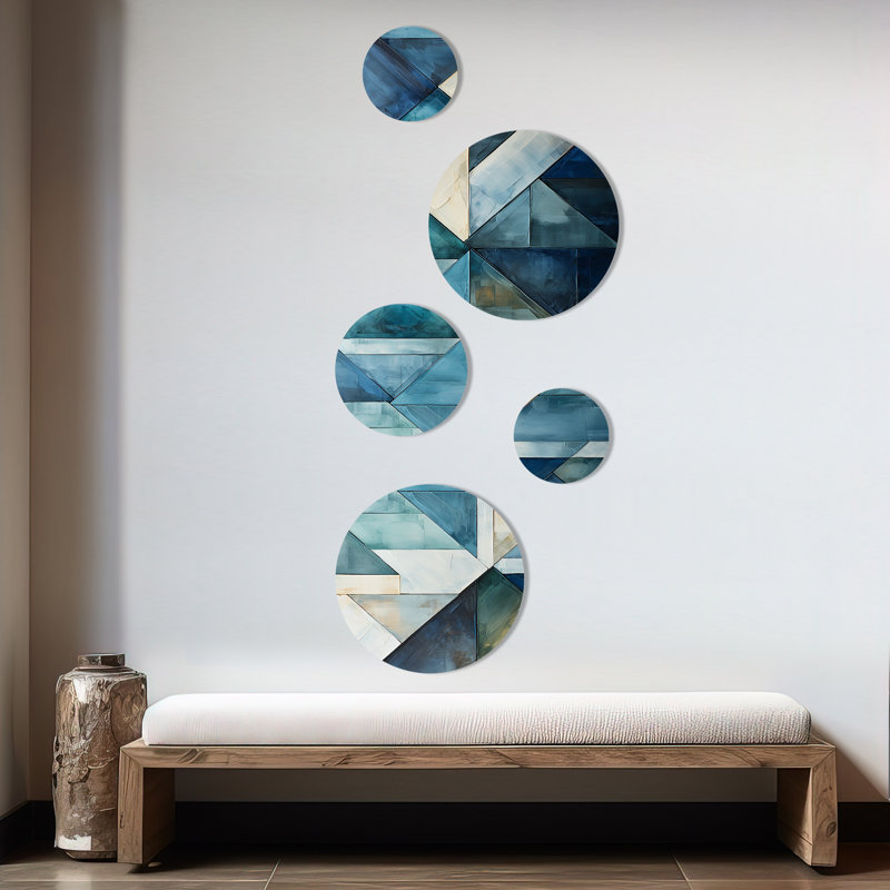 Nautique, formes géométriques blanches et bleues I - ensemble d'art mural rond géométrique de 5