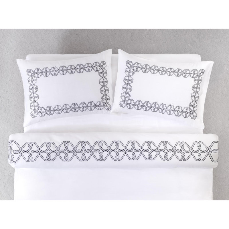 King Size White Cotton Satin Sham with Grey Print