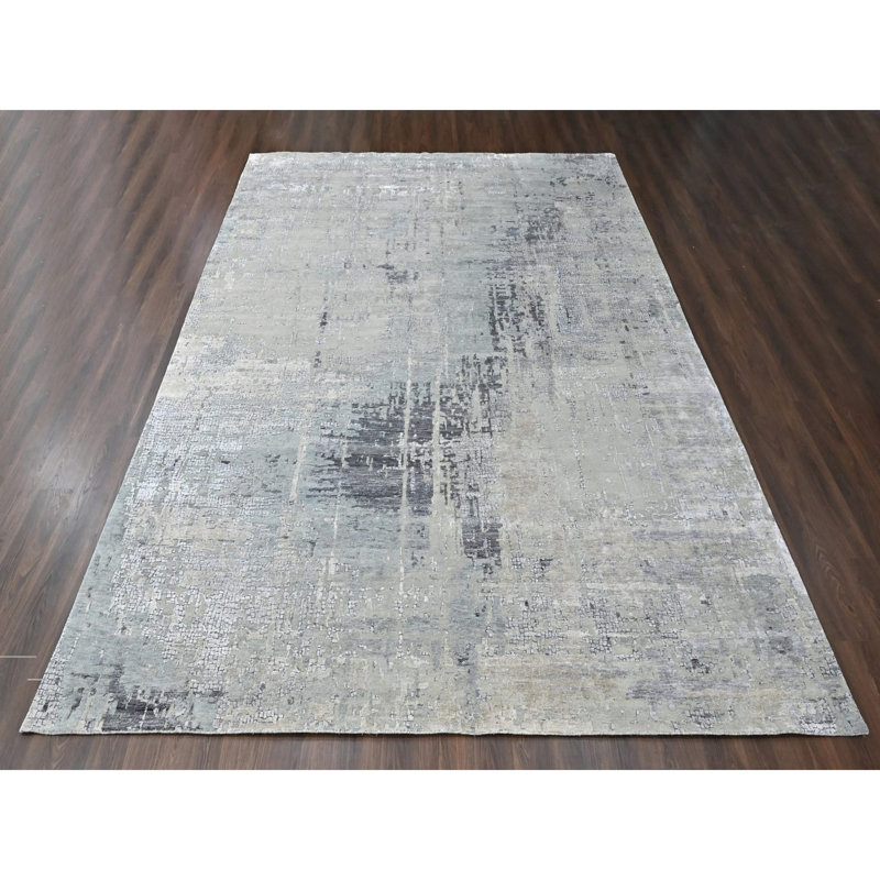 Tapis oriental 11 pi 10 po x 14 pi 9 po gris argenté, noué à la main, persan, en laine et en soie, tissé dense, abstrait à motif mosaïque, très grand, très grand