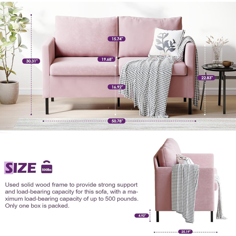 Jimeny 50.78" Square Arm Loveseat, Pink