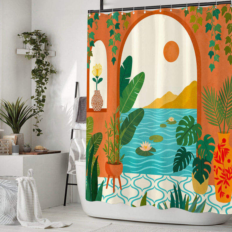 Ensemble de rideau de douche Boho Tropical Orange Palm Tree