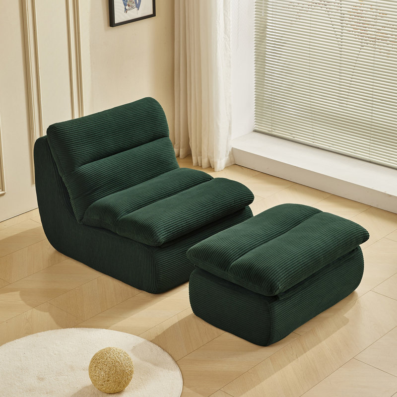 Modern Compressed Lounge Chair With Ottoman, Cozy Corduroy Recliner For Small Spaces, Living Room, Or Bedroom, Green