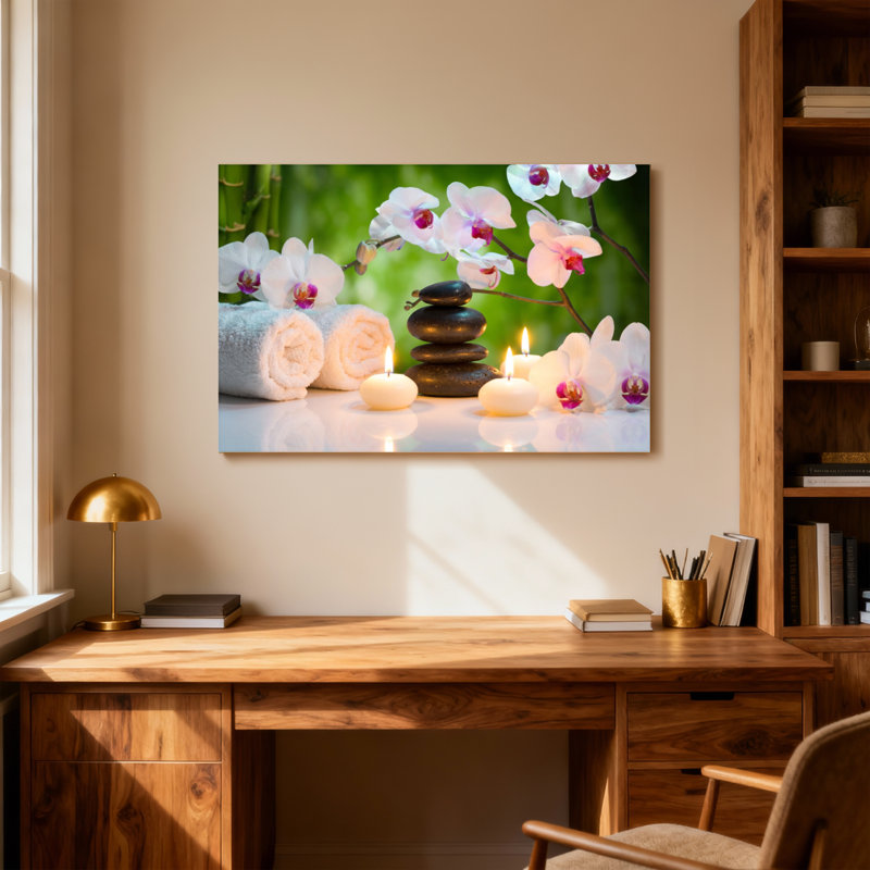 Cadre tendance avec bougies, fleurs et pierres, H 24 po x l 36 po