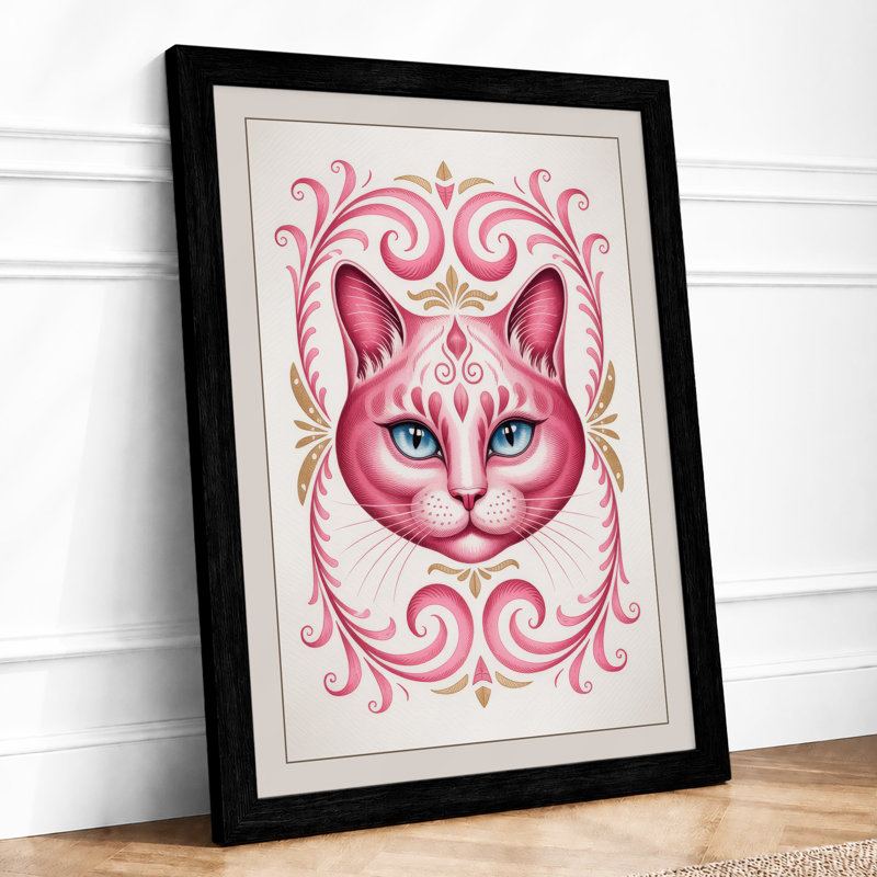 Pink Cat in Gold Frame Art Deco 1 Piece Single Picture Frame Wall Art, A4 - 29.7 x 21.0 cm, Black