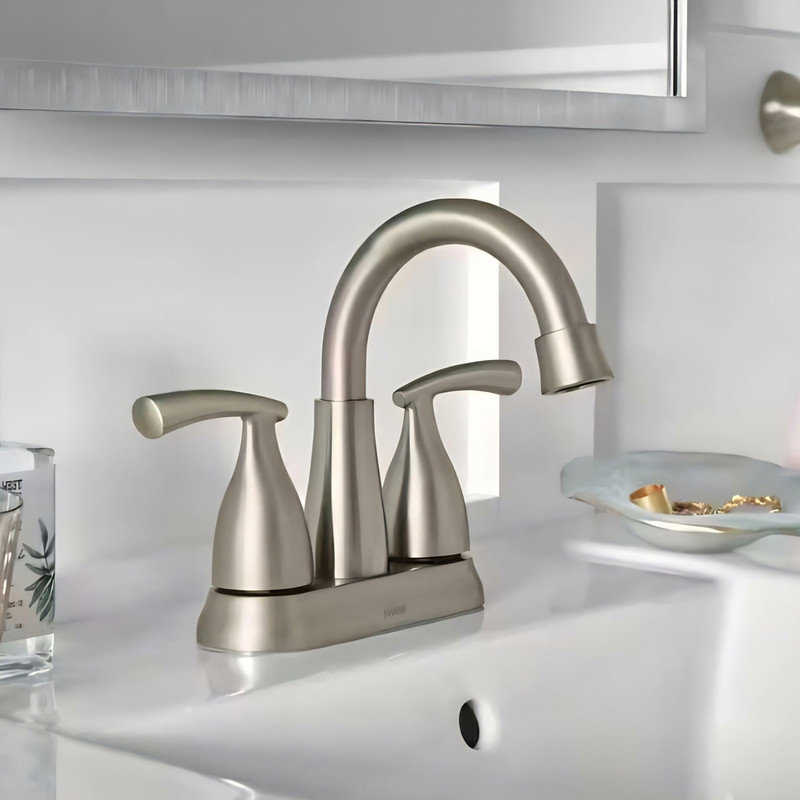 Robinet de salle de bain central à deux poignées MOEN Essie en nickel brossé résistant aux taches