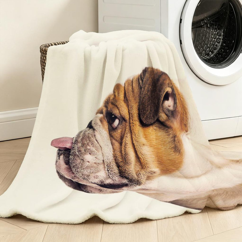 Jeté en molleton beige flanelle ultra doux, imprimé en bulldog anglais, Throw 50" x 60"