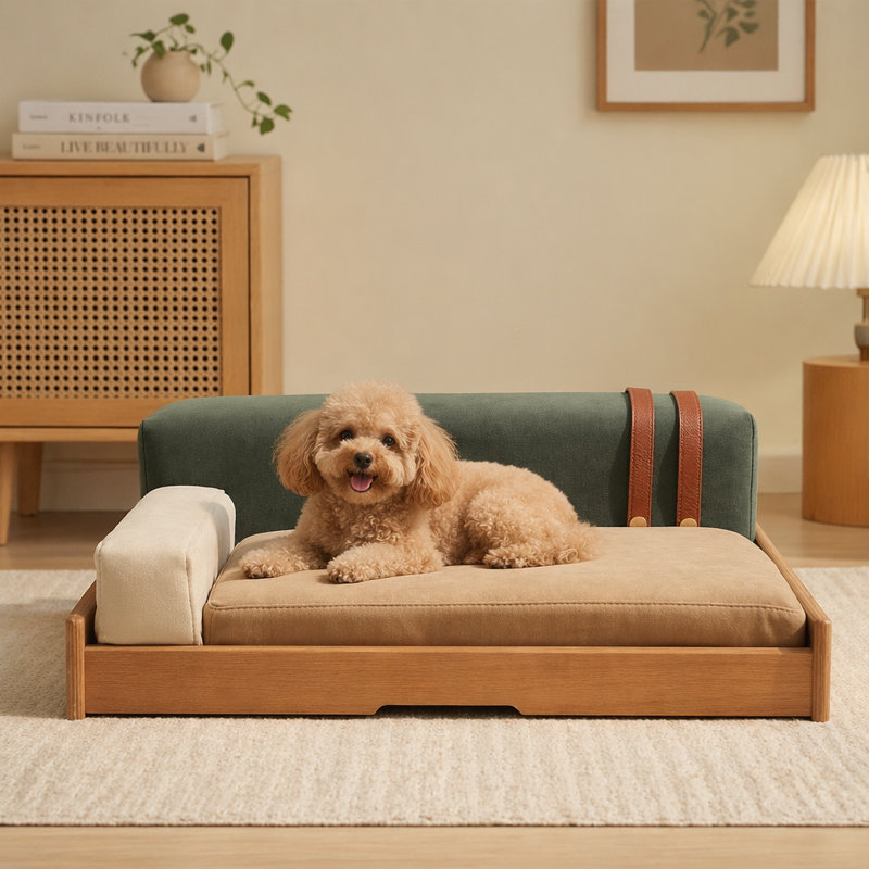 Lit en bois pour animaux de compagnie pour chats et chiens, tissu résistant aux rayures, coussin amovible, 24.8, Wood