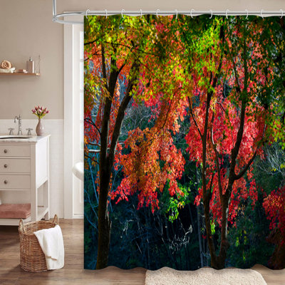 Bright Autumn Forest Red Maple Japan Shower Curtain with 12 Hooks