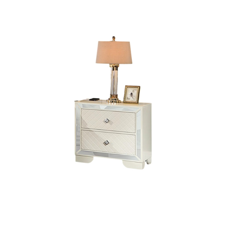 Table de chevet en bois crème 2 avec charnières sans fil et poignées à poignée en diamant pour la chambre à coucher 2 tiroirs, base de chargement, base