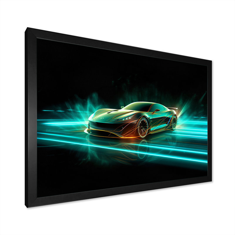 " Teal Neon Exotic Car III ", Black Picture Framed, 12" H x 20" W x 1" D
