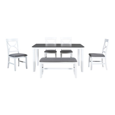 Ensemble de table de salle à manger en bois 6 pièces avec banc rembourré et 4 chaises de salle à manger de style campagnard, gris et blanc TopMAX (ancien numéro de référence: SP000003AAK)