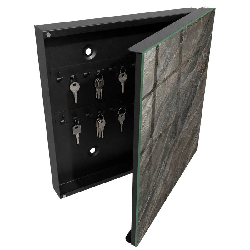 Decorative key box for wall, Opens to the left, 30x30x5, Black, marbled pattern in shades of gray, 
