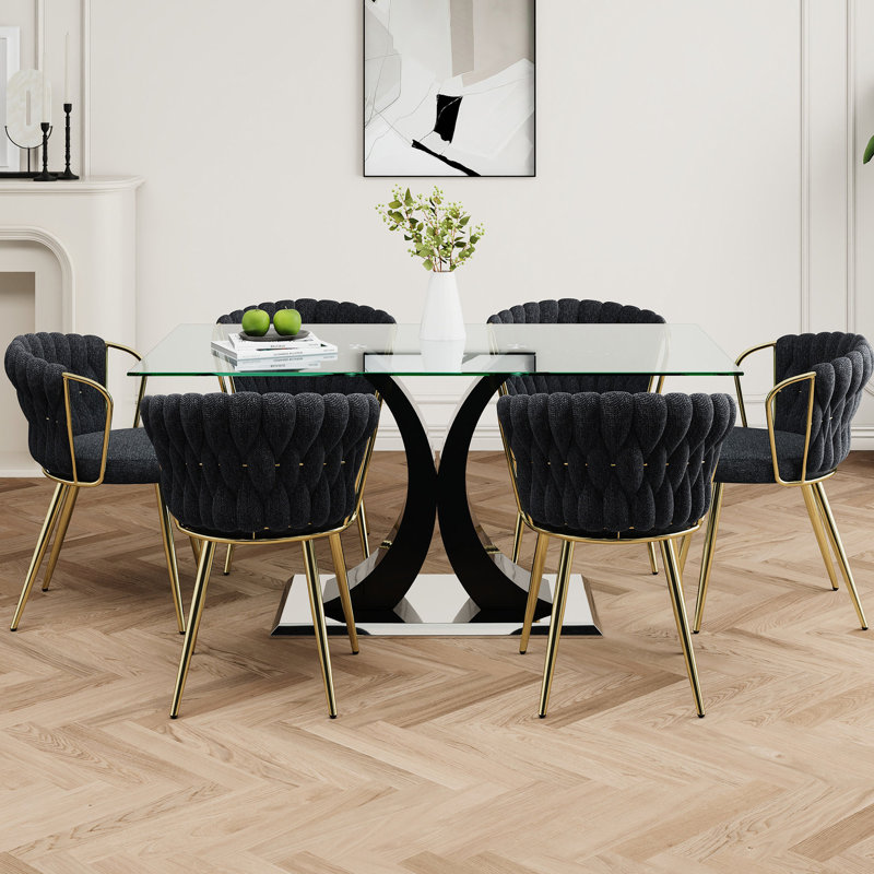 Chaise de salle à manger de style moderne gris foncé avec table en verre, élégante transparence, support solide, pieds, pour la maison, 6 sièges, pieds de charge de 250 lb et aspect transparent, base de soutien, cuisine, 6 sièges