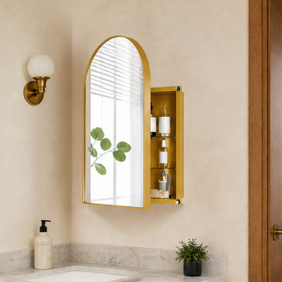 Golden Metal Corner Medicine Cabinet, 18.1 x 7 x 23.6 Inches, Arched Mirror Door with 2 Adjustable Tempered Glass Shelves