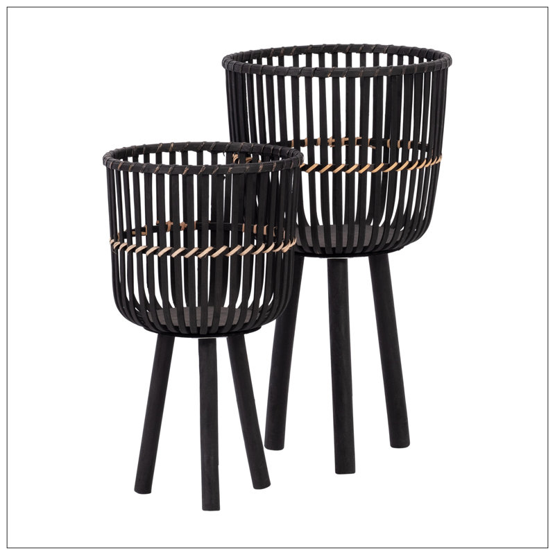 S/2 BAMBOO FOOTED PLANTERS 10/12", BLACK