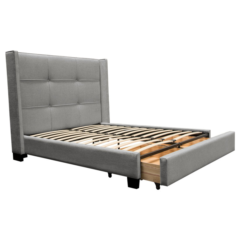 Lit Bea avec pied de lit avec rangement, revêtement en faux lin, Gris, Grand