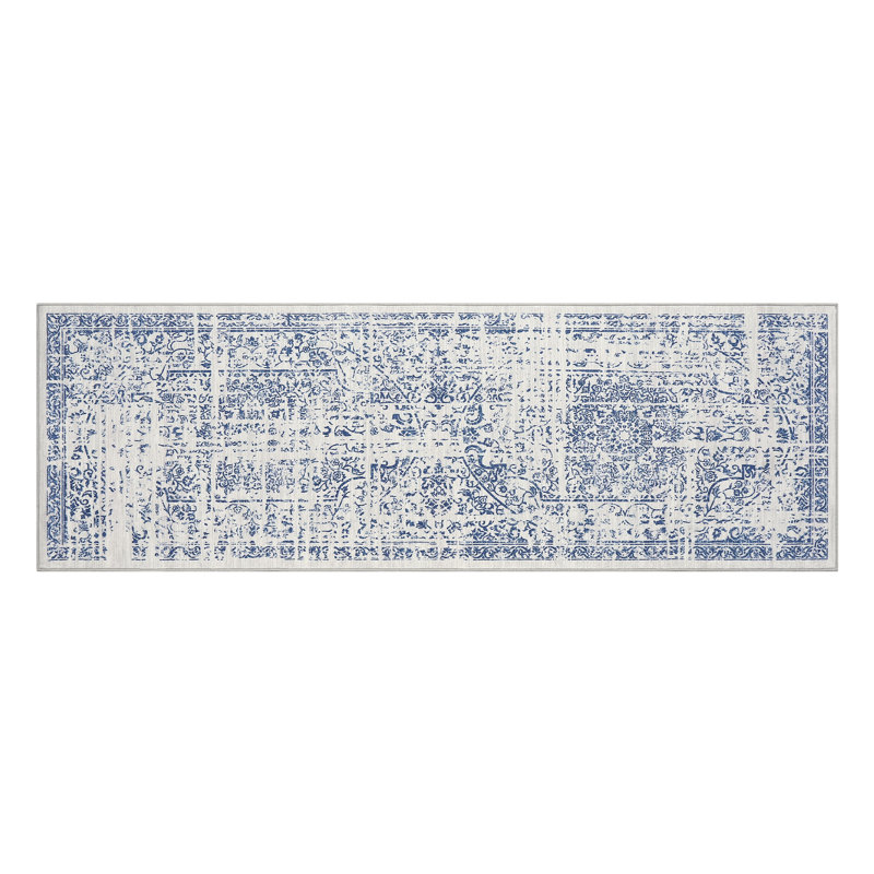 Runner Rug 2x6 Vintage Distressed Floral Hallway Carpet Machine Washable Non-Slip Indoor Long Rug for Kitchen Bathroom Bedroom Office Retro Accent Throw Easy Clean, Blue
