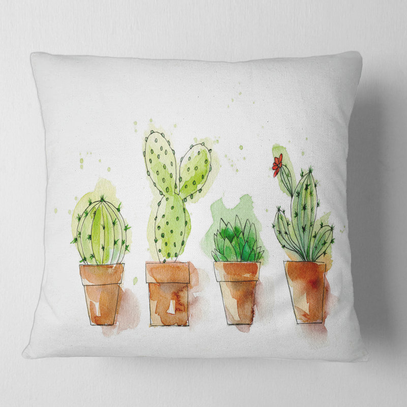 Carré, cactus dans des pots en céramique aux tons doux I - Coussin décoratif à imprimé traditionnel, 16" x 16"