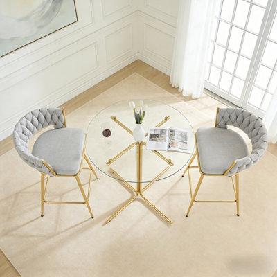 Ensemble de table de bar en verre pour 2 personnes, ensemble de table de bar moderne de 3 pièces comprenant 2 chaises de bar en coton et en lin, convenant à une combinaison de table de bar en verre dans la cuisine et la salle à manger