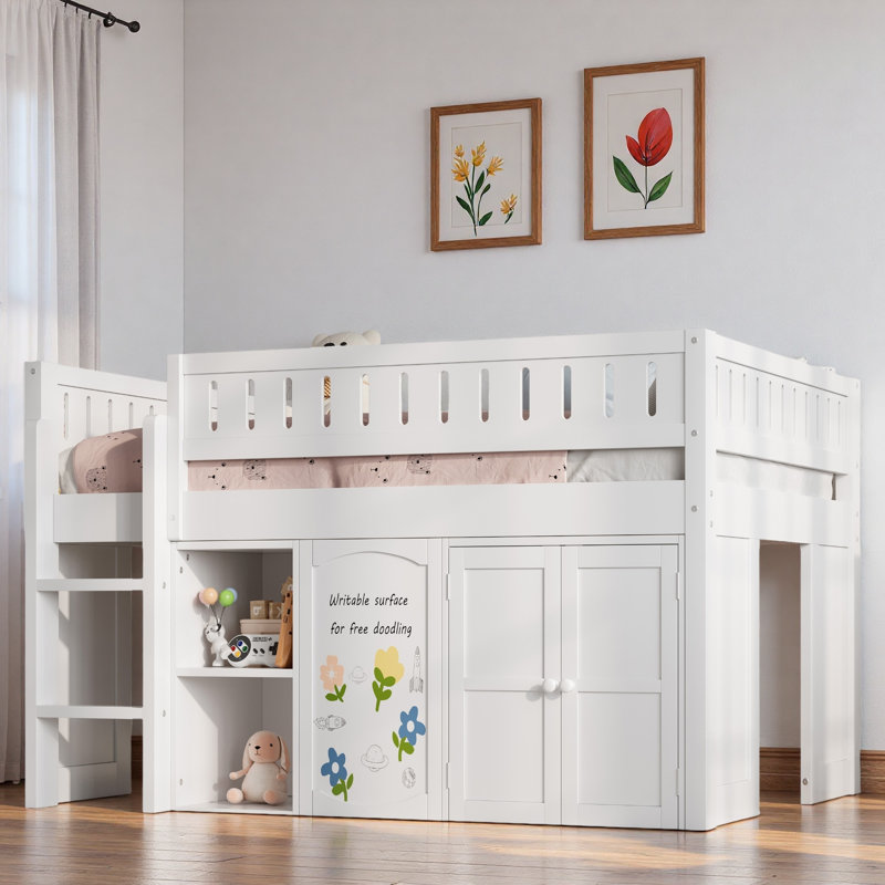 Lit mezzanine avec armoire à deux portes, tablettes ouvertes et panneau noir, Blanc