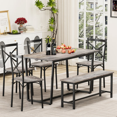 Gris 6 couverts pour les repas de famille et les événements, table de cuisine compacte et efficace en gris, simple à assembler, chaises avec sièges larges