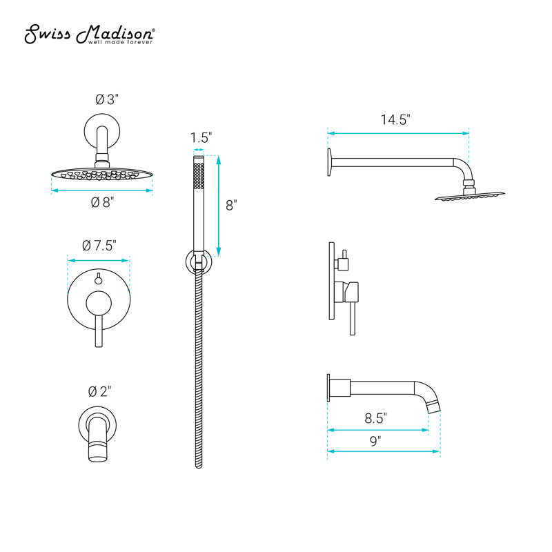 Ivy 1.8 GPM Wall Mount Fixed Shower Head With Hand Sprayer And Tub Filler, Valve Included, Brushed Gold