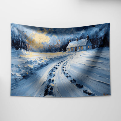 Tapisserie murale de Noël dans la neige menant à une maison