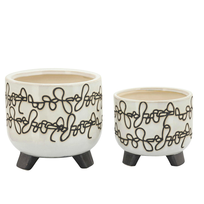 S/2 CERAMIC 6/8" SCRIBBLE FOOTED PLANTER, BEIGE