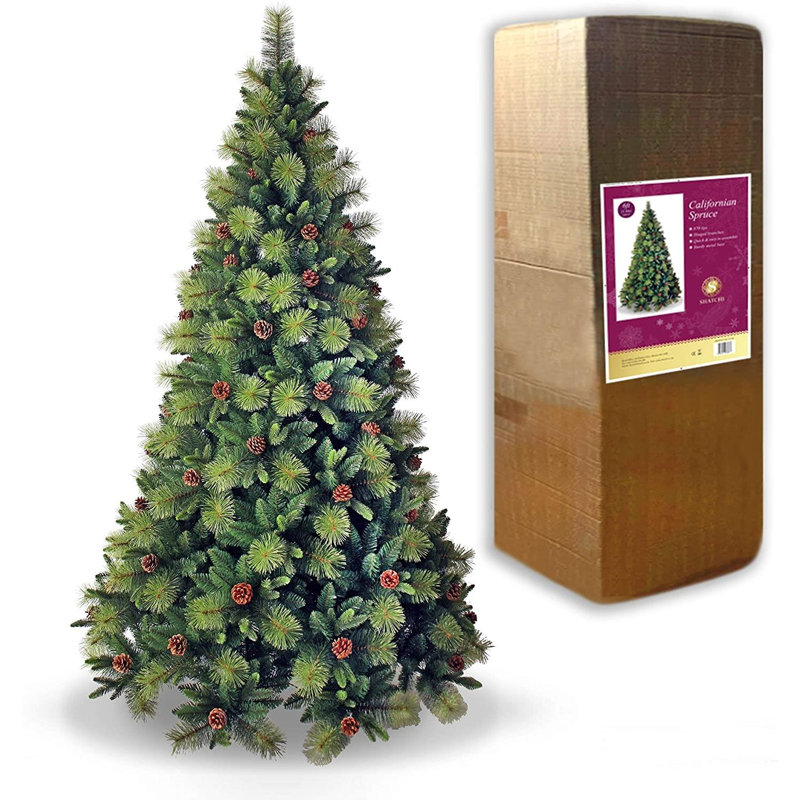 7ft & 8ft Artificial Christmas Tree with Hinged Branches, Pine Cones and Metal Stand, 8 ft.