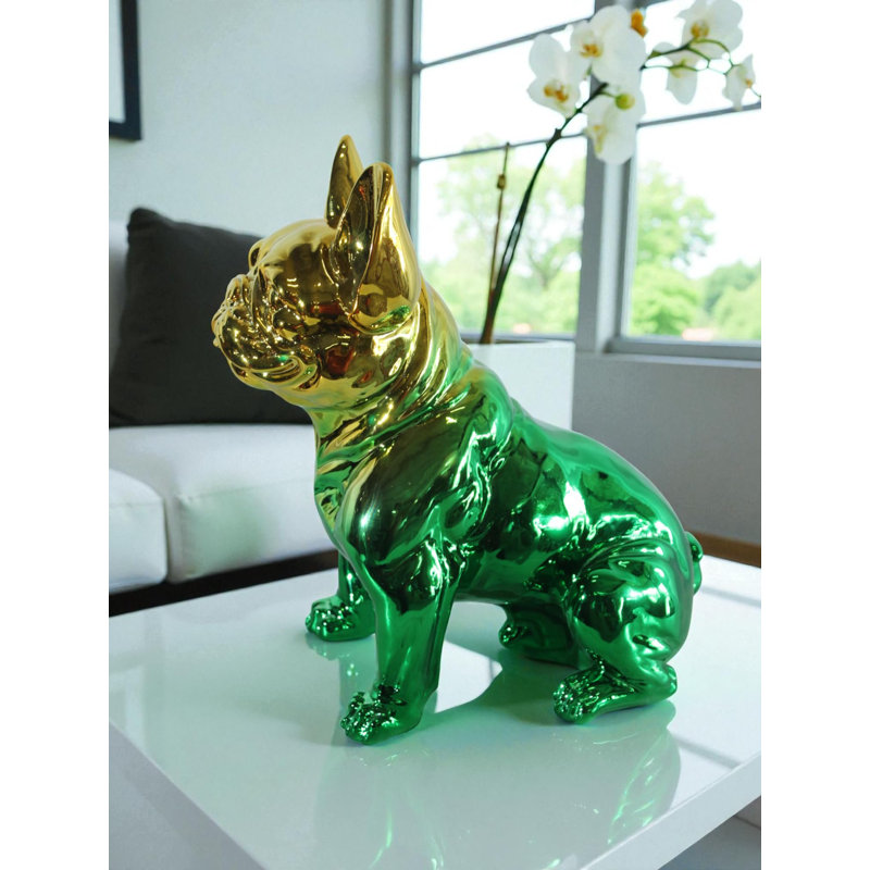 Statue bouledogue en résine NIFao finition verte et or 16 po x 9 po x H 16 po